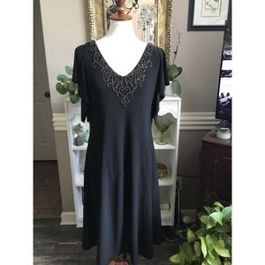 Adrianna Papell Sz 14 Black Midi Dress Wood Beads & Sequins